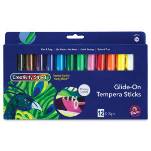 Creativity Street Glide-On Tempera Stick Sets - Front of package of 12 Primary colors