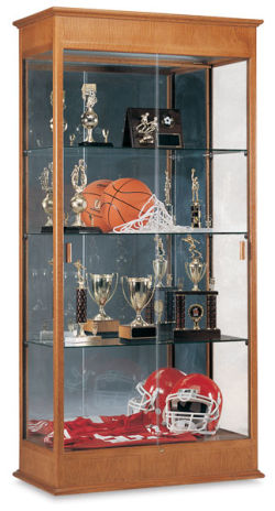 Varsity Series Display Case, -left angle view showing three shelves holding trophys and Mirror Back 