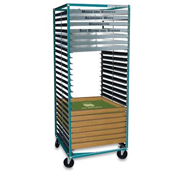 Open in modal - AWT Rollin' Screen Racker - Angled view of 25 shelf Screen Racker partially filled