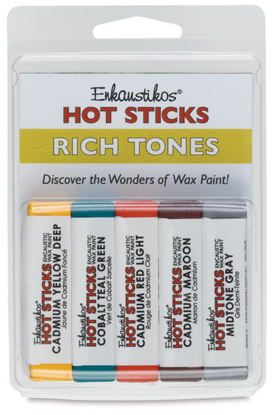 Enkaustikos Hot Sticks Encaustic Wax Paint Sets - Front of package of 5 pc Rich Tones Set