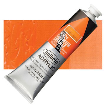 Open in modal - Holbein Heavy Body Artist Acrylic Paint - Cadmium Orange, 60 ml tube and swatch