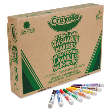 Crayola Ultra-Clean Washable Markers Classroom Pack - Set of 200, box and markers laid out