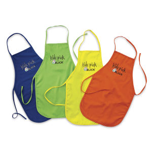 Blick Kids' Aprons - Top view of each color apron, fanned out showing ties and neck openings