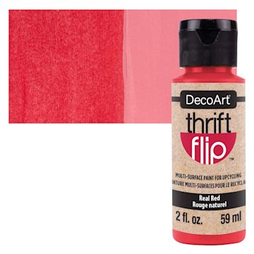 Open in modal - DecoArt Thrift Flip Multi-Surface Paint - Real Red, 2 oz bottle and swatch