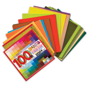 Aitoh 100 Color Origami Paper Pack - 200 sheets with label arranged in fan