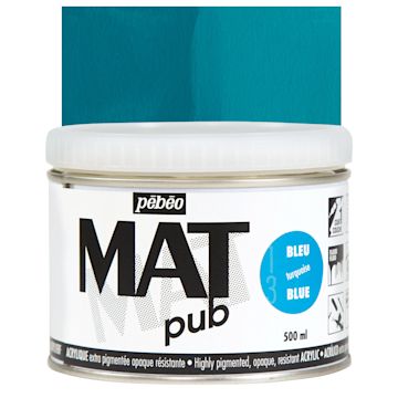 Open in modal - Pebeo Mat Pub Acrylic Paint - Turquoise Blue, 500 ml jar and swatch