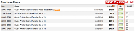 purchase items table highlighting quantity column