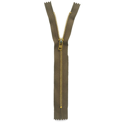 Zippers - Olive Metal Zipper shown upright and slightly open