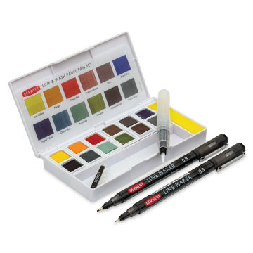 Derwent Line and Wash Paint Pan Set - Set of 12, Assorted Colors (Angled view, Paint pan set shown with line makers and water brush)