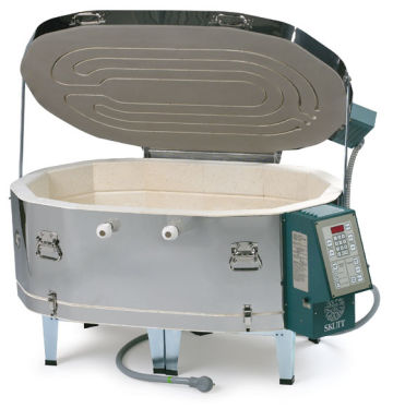 Skutt GlassMaster Kiln - front view with controls and cord shown, open on attached stand