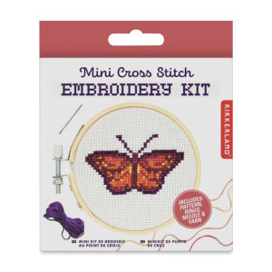 Kikkerland Mini Cross Stitch Embroidery Kit - Butterfly (Front of packaging)