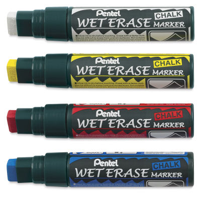 Pentel Wet Erase Chalk Markers - Set of 4 Primary Color Jumbo Point Markers open horizontally