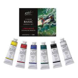 M. Graham Artists' Acrylics - Package standing with 6 color tubes in front