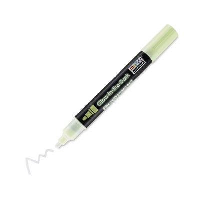 Marvy Uchida DecoFabric Opaque Paint Marker - Green Glow-in-the-Dark, Medium Tip (uncapped marker and swatch)