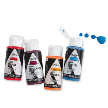 Holbein Fluid Acrylic Paints - 4 assorted colors shown with Blue bottle open and dripping 