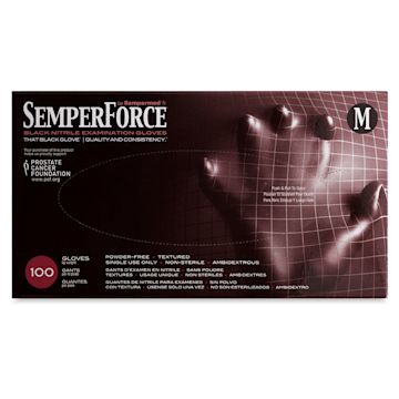 Open in modal - SemperForce Black Nitrile Gloves - Front of package of Medium size gloves shown