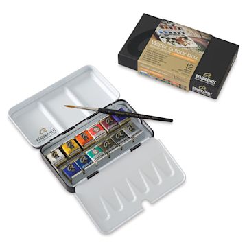 Open in modal - Rembrandt Watercolor Half Pan Set - 12 Cityscape colors in open tin, with  sable brush and package