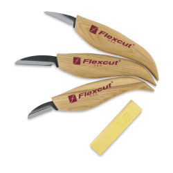 Flexcut 3-Knife Starter Set - Top view of three knives with polishing compound