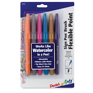 Open in modal - Pentel Arts Brush Tip Sign Pen - Front of package of Set of 6 Fashion Colors