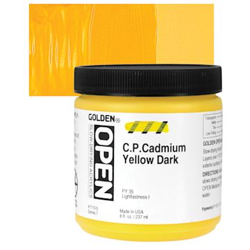 Open in modal - Golden Open Acrylic - Cadmium Yellow Dark, 8 oz Jar and swatch