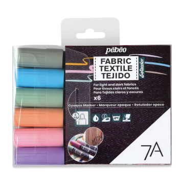 Pebeo 7A Opaque Fabric Markers - Set of 6, Pastel Colors, 4 mm (Front of packaging)