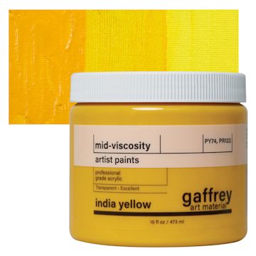 Open in modal - Gaffrey Art Material Standard Body Acrylic Paint - India Yellow, 473 ml jar and swatch