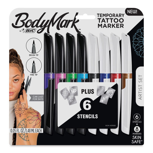 BodyMark by BIC Temporary Tattoo Markers and Stencil Sheets - Assorted  Colours, Pack of 8+3