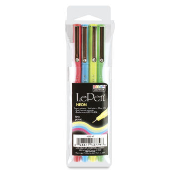 Marvy Uchida LePen Fine Line Marker Set  - Neon Colors, Set of 4, front of the packaging