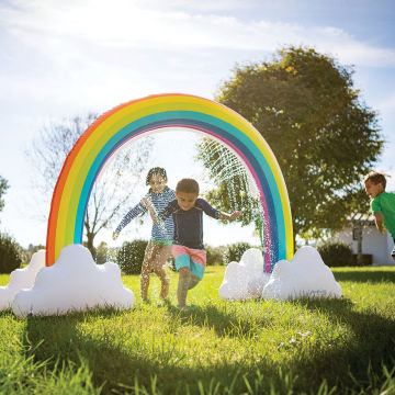 Inflatable Rainbow Arch Sprinkler - Front view of children running through Sprinkler
