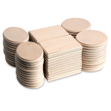 Walnut Hollow Mini Wooden Plaque Assortments - Oval, Round and Square plaques shown in stacks