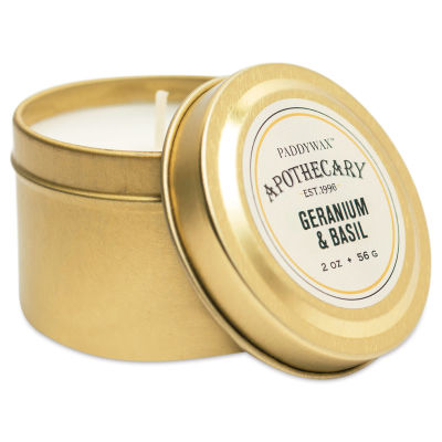 Paddywax Apothecary Tin Candle - Geranium and Basil, 2 oz (lid resting on side of tin)