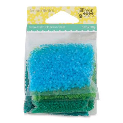 Jillibean Soup Seed Beads - Cool Colors, Pkg of 4, inside of packaging. 