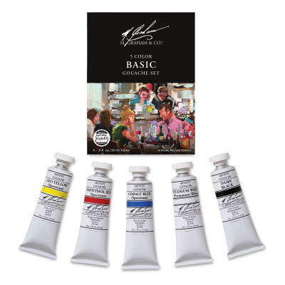 M. Graham Artists' Gouache and Set -Components of Basic Set of 5 shown in front of Package