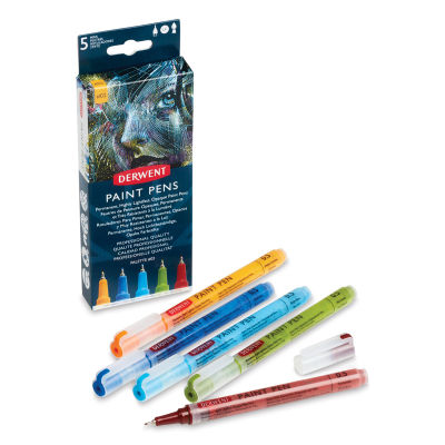 Derwent Paint Pens and Sets - 5 markers from Palette 2 shown in front of  package 
