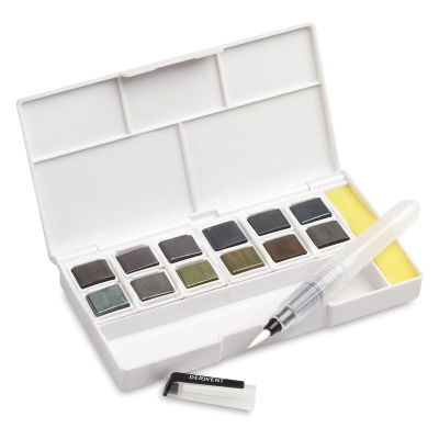 Derwent Graphitint Paint Pan Set - Set of 12 shown open with included waterbrush and sponge