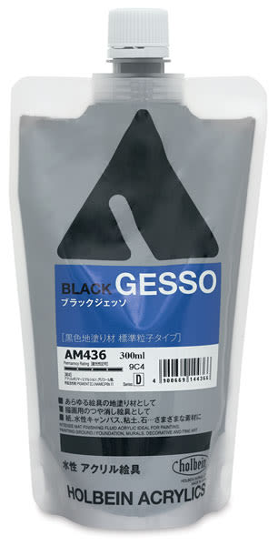 Holbein Acrylic Gesso - Front of poly bag of Black Gesso