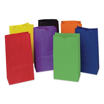 Open in modal - Creativity Street Kraft Bags - Brights, Pkg of 28, 6" L x 3-6/10" W x 11" H - seven bags shown upright