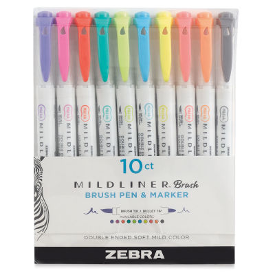 Zebra Mildliner Double Ended Brush Pens - Front of package of Set of 10 Refresh and Friendly Colors