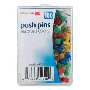 Officemate Push Pins - Front of blister pack of multi-colored push pins