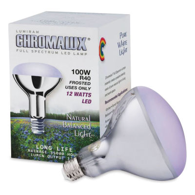 Chromalux Full Spectrum LED Light Bulb - 12 Watt R40 Natural White Bulb shown in front of package