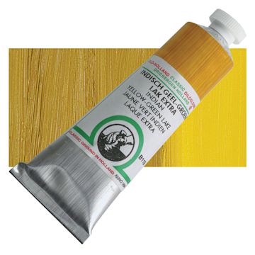 Open in modal - Old Holland Classic Oil Color - Indian Yellow Green Lake Extra, 40 ml tube and swatch