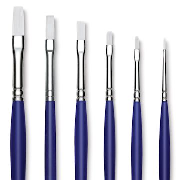 Open in modal - Blick Scholastic Wonder White Synthetic Brushes - Flat Set of 6, Long Handles. Brushes in row.