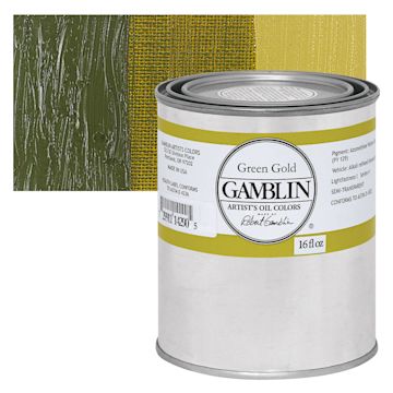 Open in modal - Gamblin Artist's Oil Color - Green Gold, 16 oz can and swatch