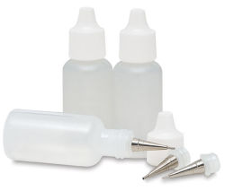 Squeeze Bottle with Tips - Set of 3 capped bottles with 3 tips shown, one tip on uncapped bottle