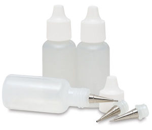 Squeeze Bottle with Tips - Set of 3 capped bottles with 3 tips shown, one tip on uncapped bottle