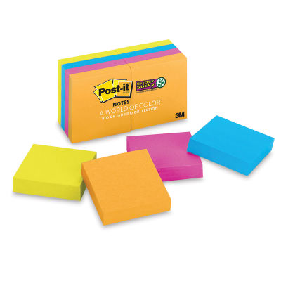 Post-it Super Sticky Notes - 4 colors of Rio de Janeiro Collection 1-7/8" x 1-7/8" shown with pkg