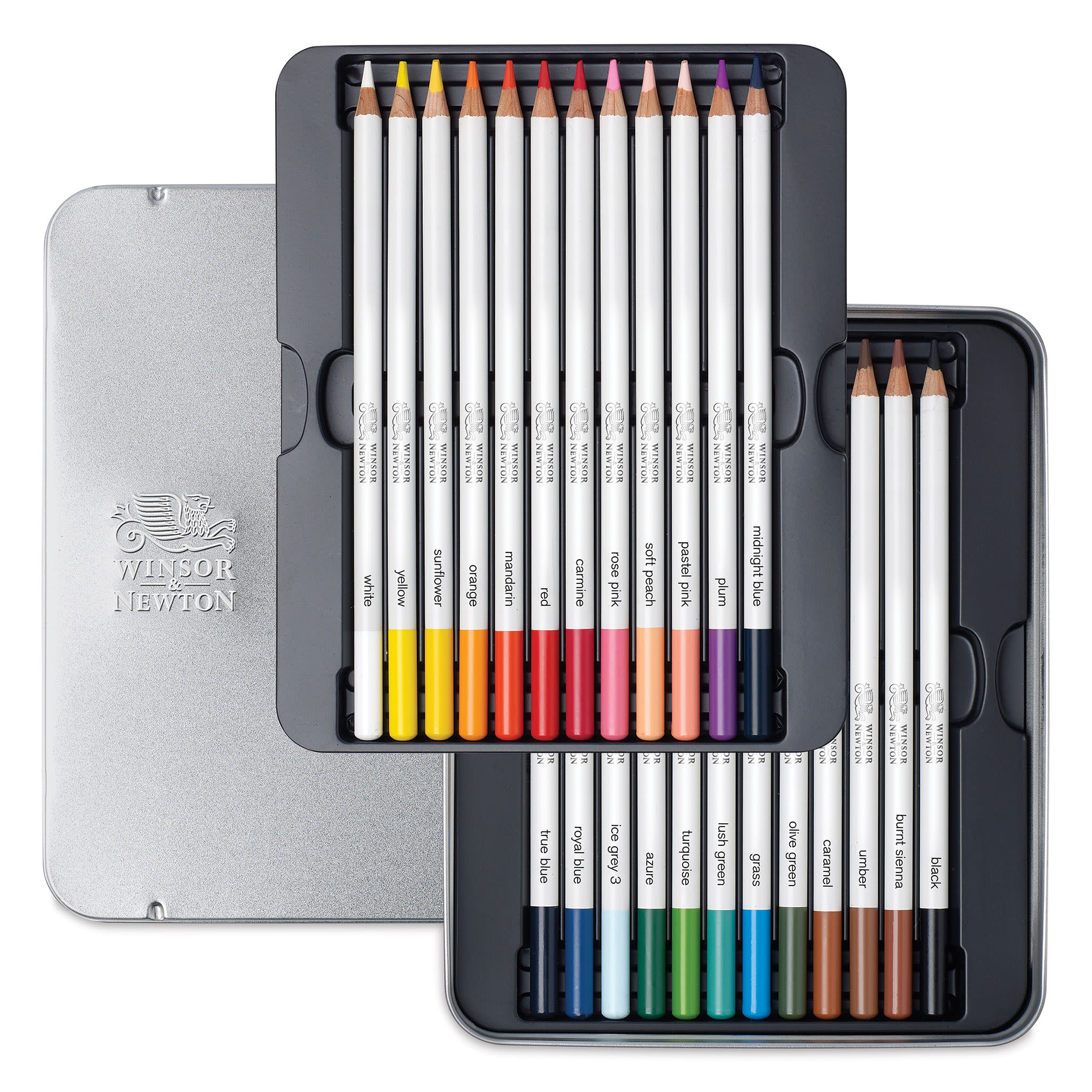 Winsor & Newton Studio Collection Watercolor Pencils - Set of 24, pencils shown inside tin case