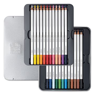 Open in modal - Winsor & Newton Studio Collection Watercolor Pencils - Set of 24, pencils shown inside tin case