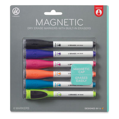 U Brands Magnetic Dry Erase Markers - Front of blister package of 6 Medium Tip Markers