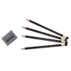 Toison D'or Professional Graphite Pencil Set - Four Pencils shown horizontally with eraser
